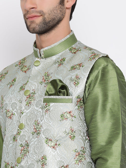 Vastramay Men's Green Floral Jacquard Jacket With Silk Kurta and Pyjama Set